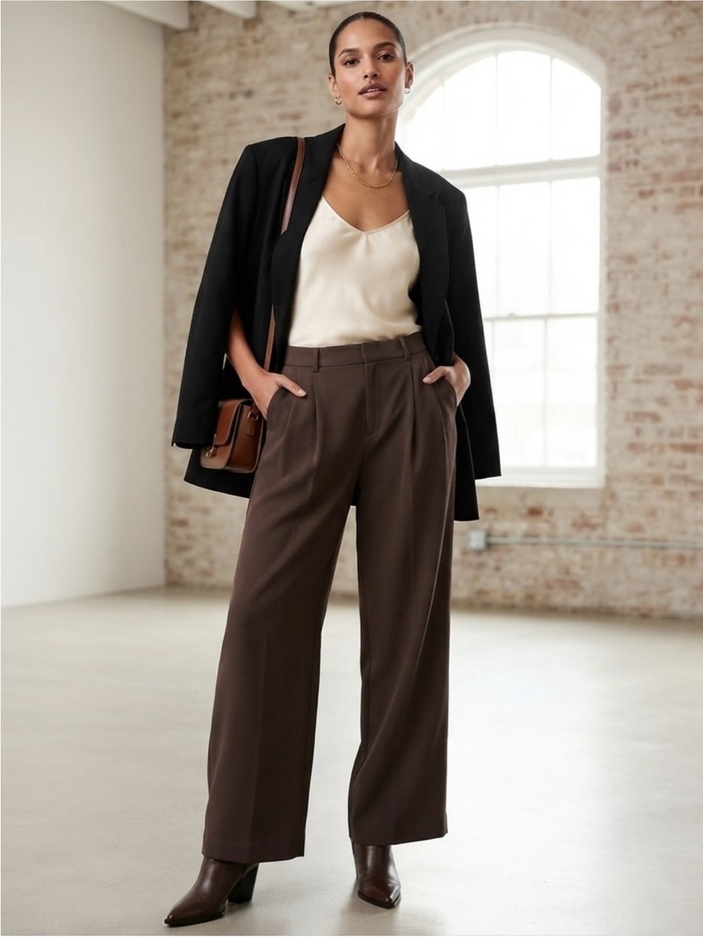 Gap 365 High Rise Trouser Pants Brown Pleated Wide Leg Business 2 Petite
